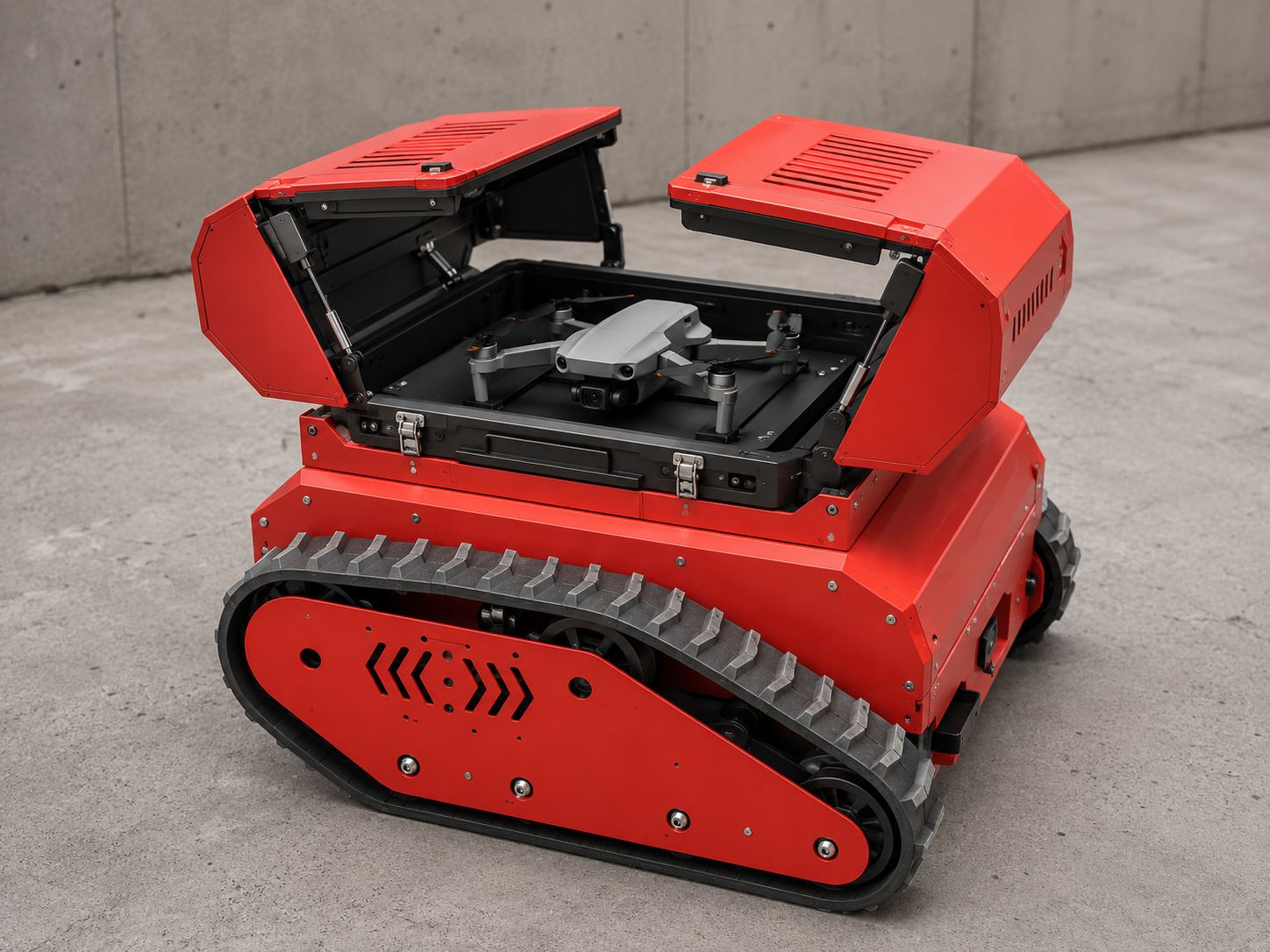 Ground rover with an open bay carrying a folded quadcopter drone
