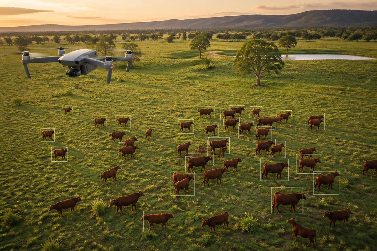 Drone flying over cattle with counting boxes