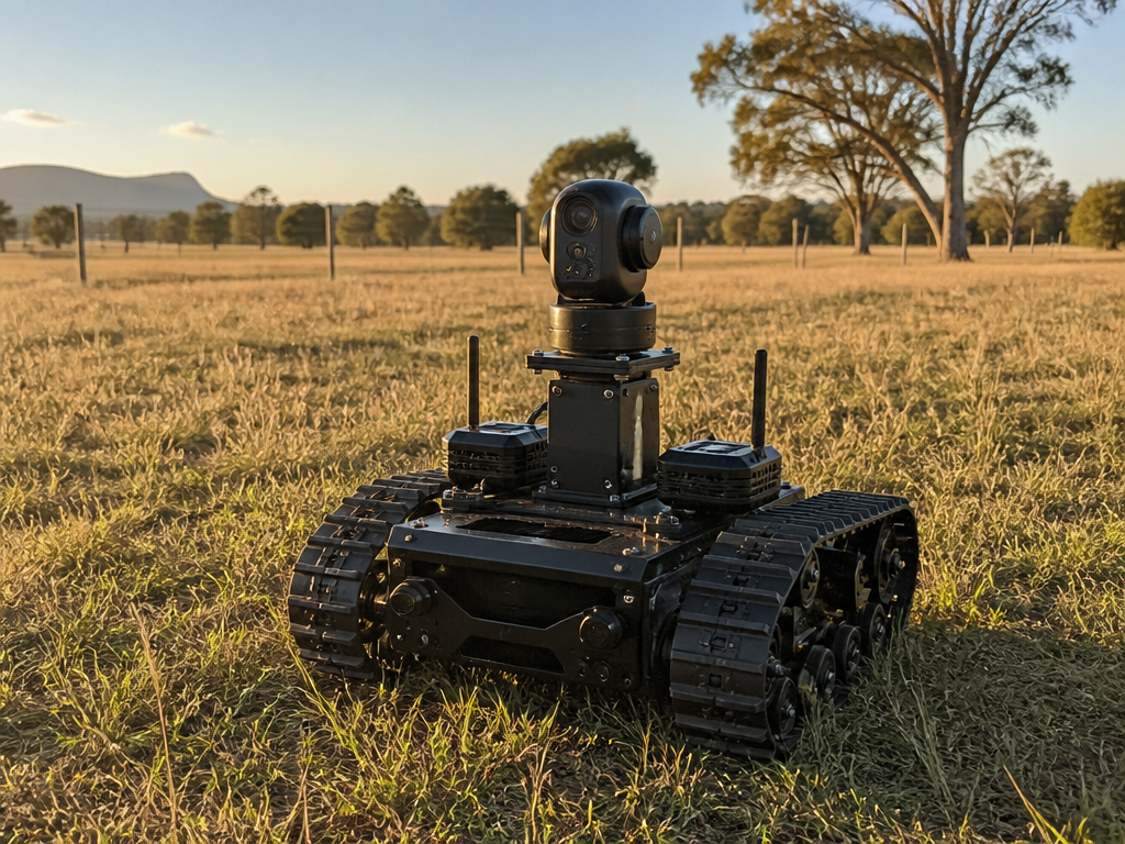 Waveshare UGV Beast tracked rover in an Australian paddock at golden hour