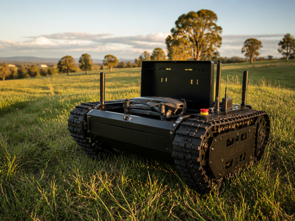 Tracked ground rover with an open bay carrying a folded quadcopter in a grassy field