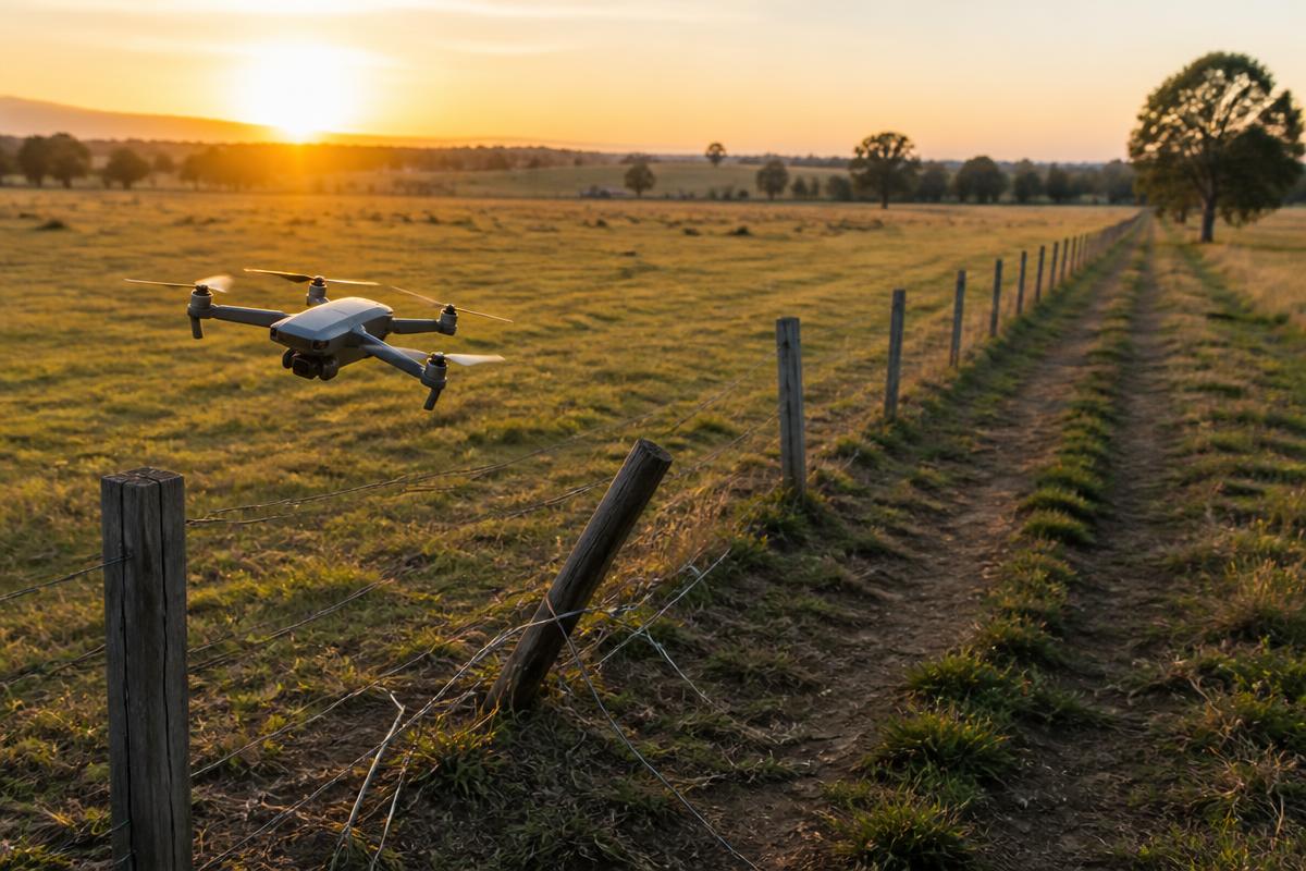 Drone flying along a fence line