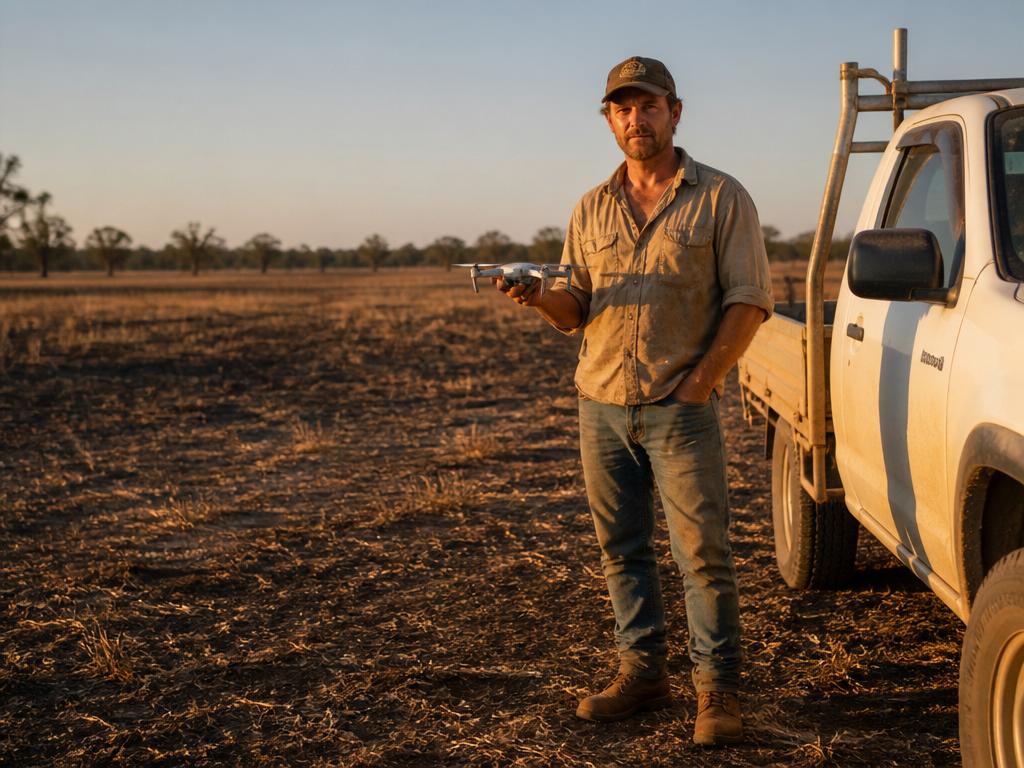 Farmer holding a DJI Mini drone next to a ute tray
