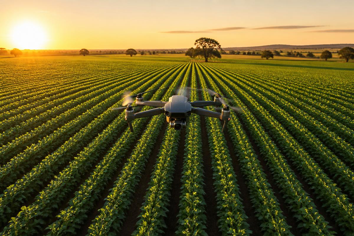 Drone flying over crop rows