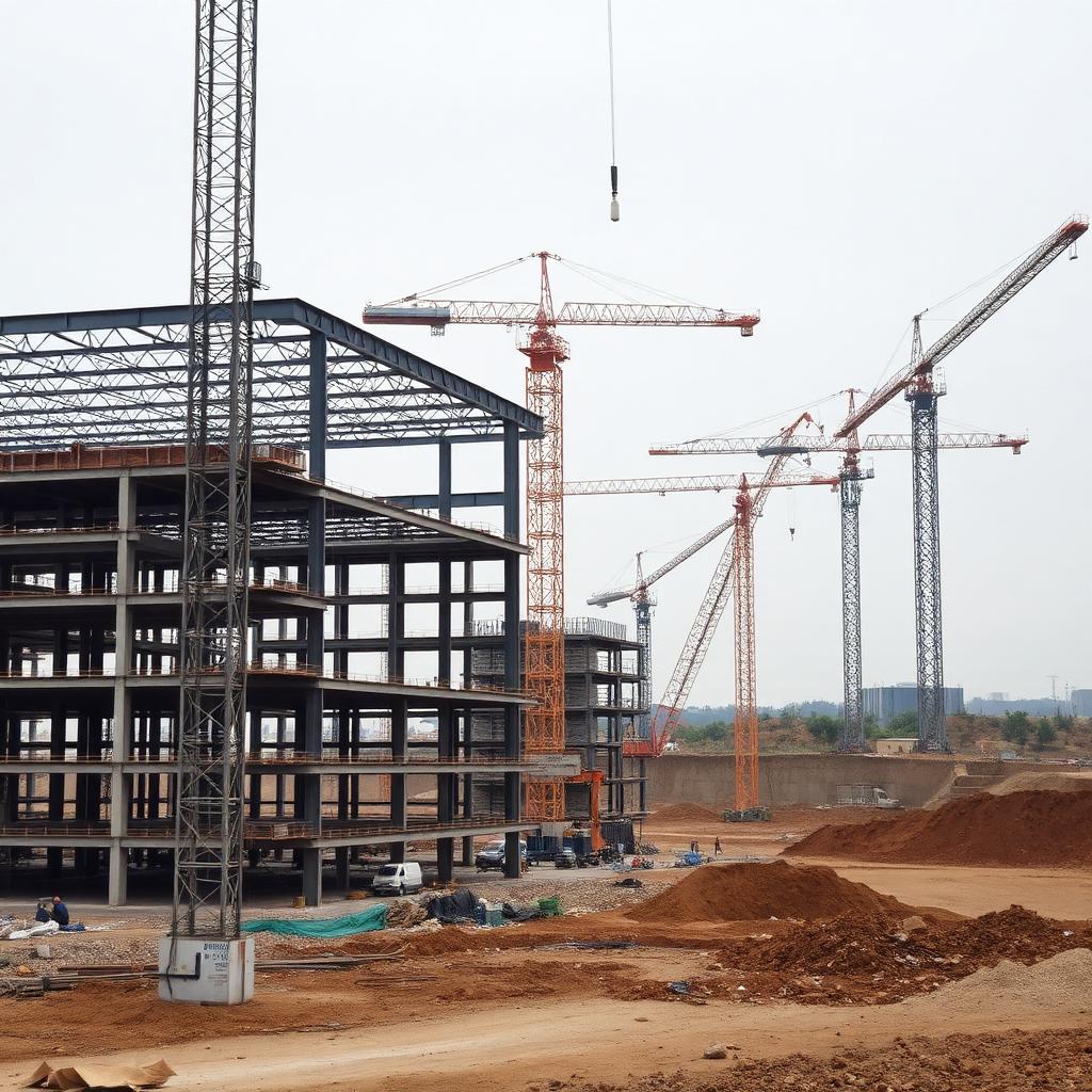 Steel-frame construction site with cranes