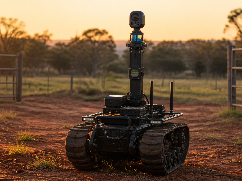 Tracked ground rover with a mast-mounted sensor head in a red-dirt paddock