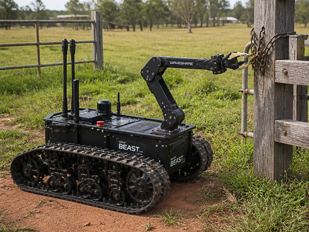 Tracked ground rover using a manipulator arm on a wooden farm gate latch