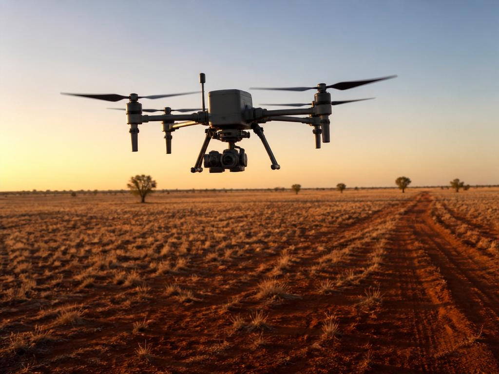 Quadcopter drone over an Australian paddock at golden hour