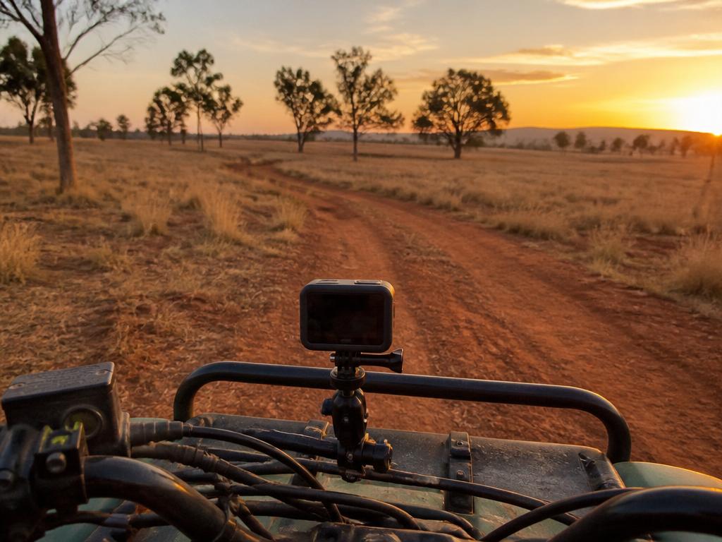 Action camera mounted on a farm bike overlooking a red-dirt track