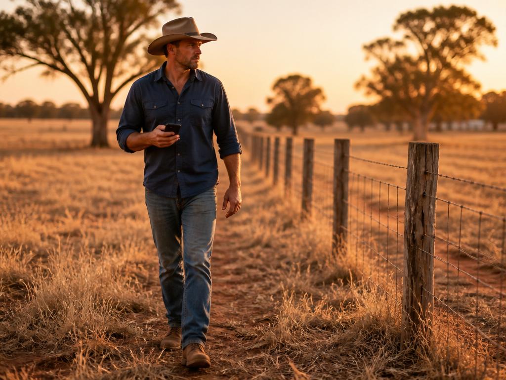 Farmer walking a fence line with a phone at golden hour