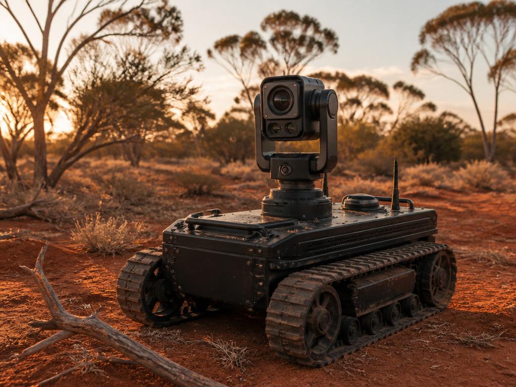 Tracked ground rover in a red-dirt Australian paddock at golden hour